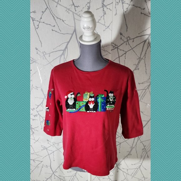 Allyson Whitmore Red Christmas Cats Embroidered Tee - Picture 1 of 5